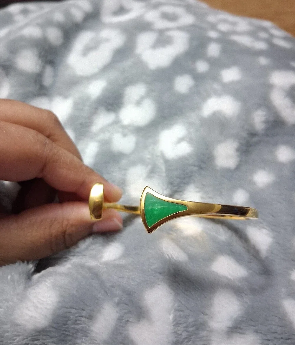 Gold Tone Open Cuff Bracelet with Blue and Green Accents